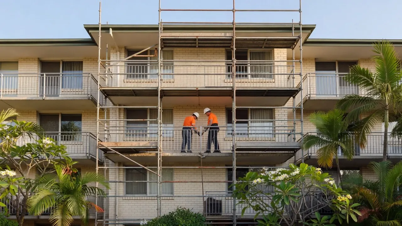 Scaffold with guardrails up one bay of a three-storey cream brick unit block, with two workers in hard hats and hi-vis on the deck at a balcony edge, palms and frangipani in the garden.