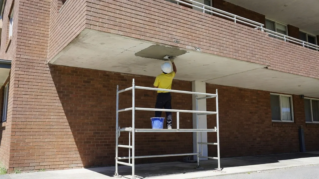A worker in a hard hat on a mobile scaffold tower with guardrails, trowelling repair mortar into a patch on the underside of a balcony of an old brick unit block.