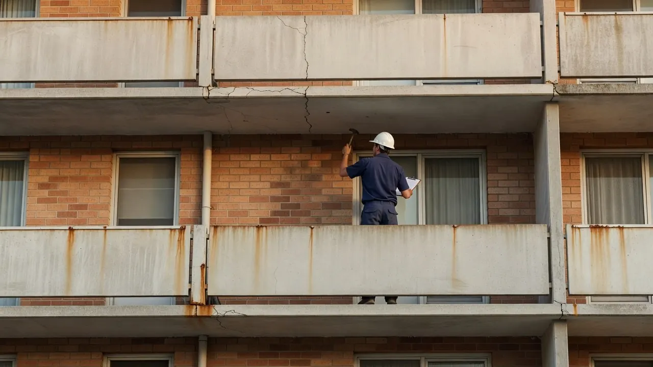 A man in a hard hat standing on the balcony of an old unit block, tapping the slab above with a small hammer and holding a clipboard, with rust stains on the balcony fronts.