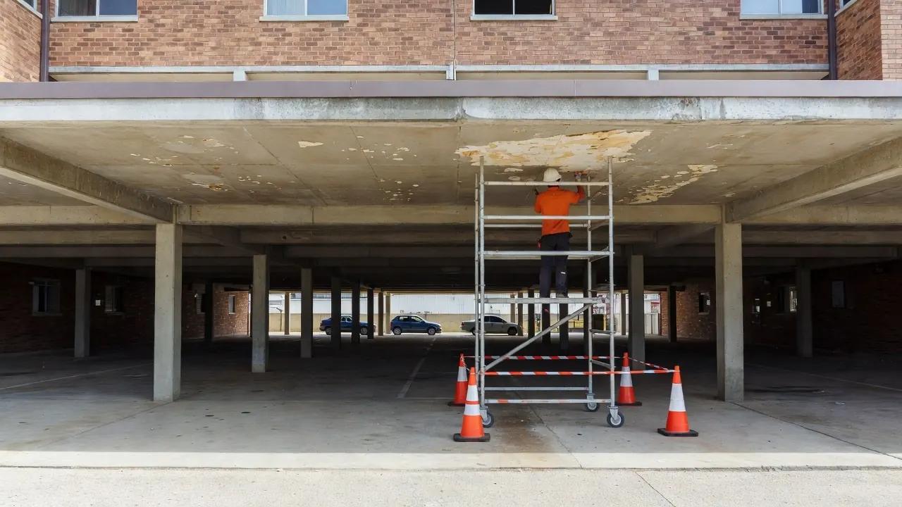 The open car park under an old brick unit block, with a worker in a hard hat on a mobile scaffold tower working on a damaged patch of the concrete ceiling, and traffic cones around the tower.