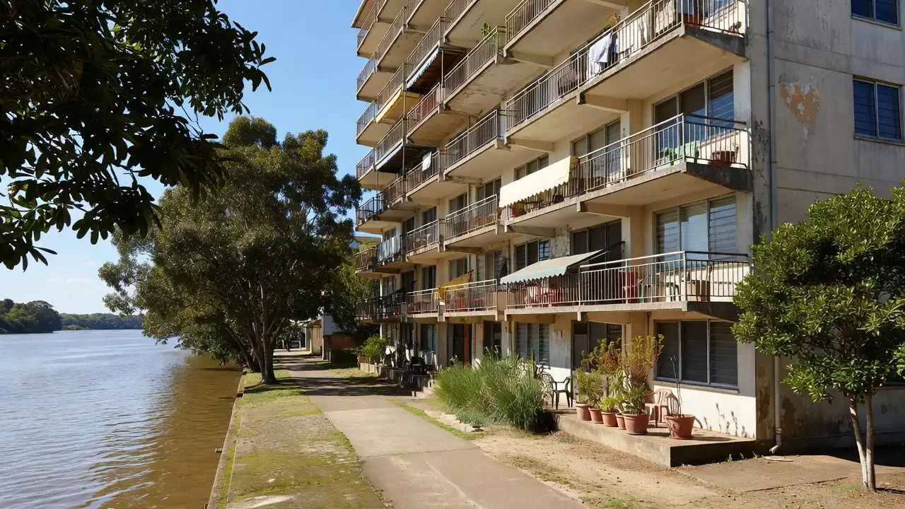 Illustration of a 1960s-style riverside apartment block with cantilevered concrete balconies.
