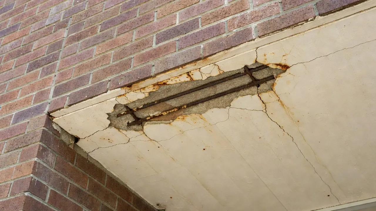 The underside of a balcony slab where the cover has fallen away, exposing two rusted reinforcing bars, with rust stains spreading on the paint around them.