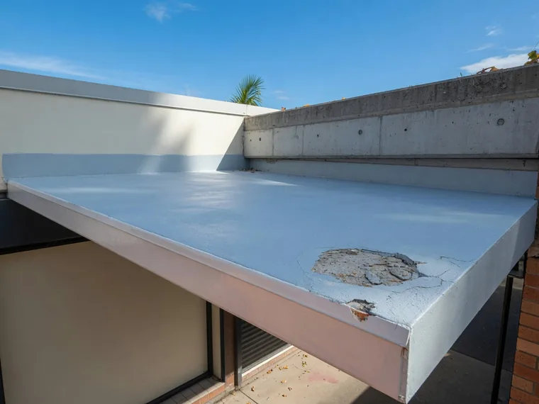 A concrete awning over a suburban Brisbane shopfront footpath.