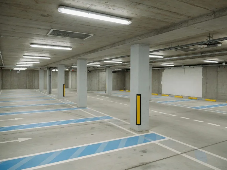 A clean, well lit basement car park with a concrete soffit and columns.