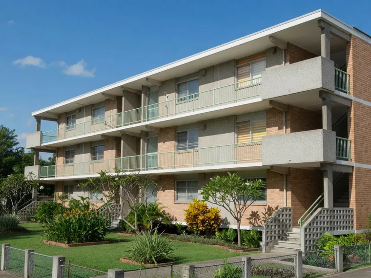 A well kept 1970s three storey Brisbane walk-up with concrete balconies and open access walkways.