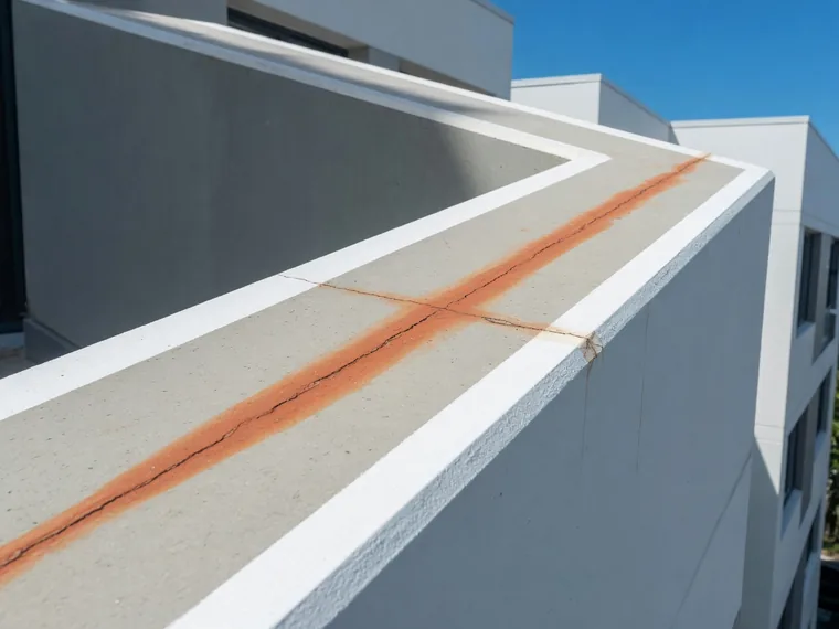 A straight hairline crack along a concrete balcony edge with faint rust colour in it.