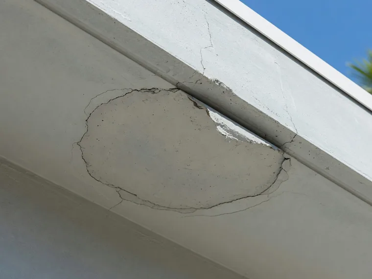 A shallow area of concrete surface beginning to lift and separate, outlined by a fine crack.