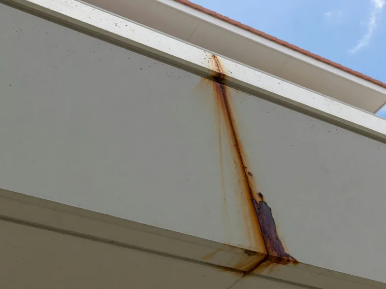 A brown rust stain bleeding through a freshly painted concrete soffit in a straight line.