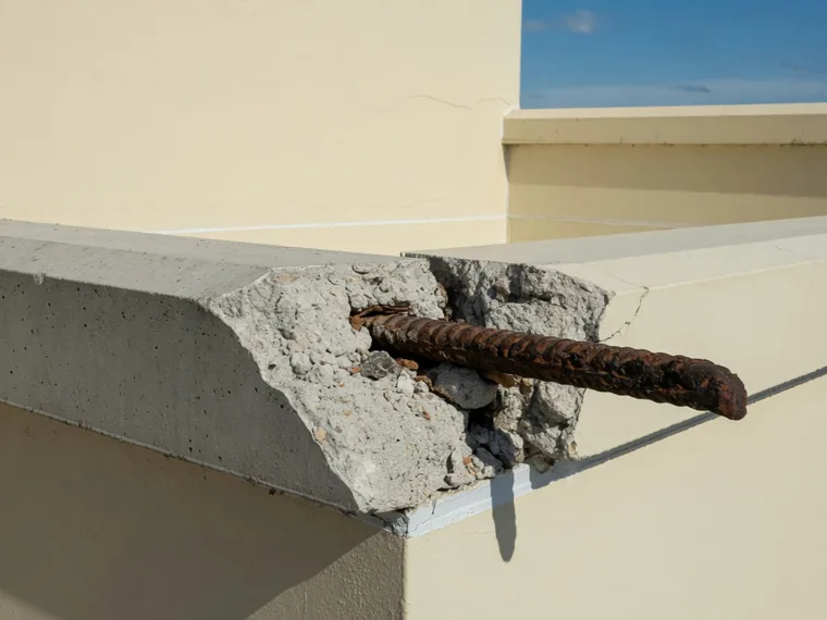 A concrete balcony edge where the cover has broken away exposing a rusted reinforcement bar.